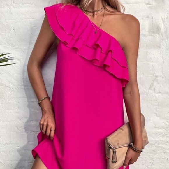 One Shoulder Ruffle Detail Tunic Mini Dress Vacation Hot Pink - Picture 4 of 8